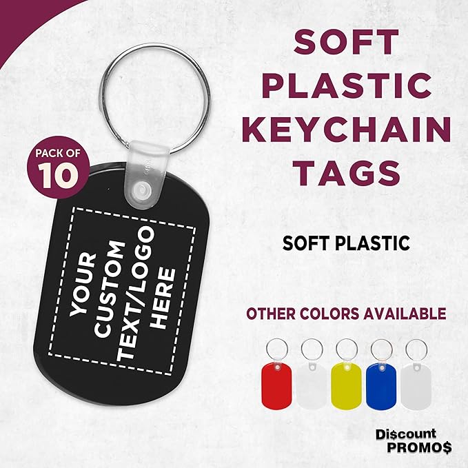 DISCOUNT PROMOS Tag Soft Plastic Keychains - 10 pack - Customizable Text, Logo - Small Key Tag Chain For Staying Organized - Rubber Key Ring Keychain – Black