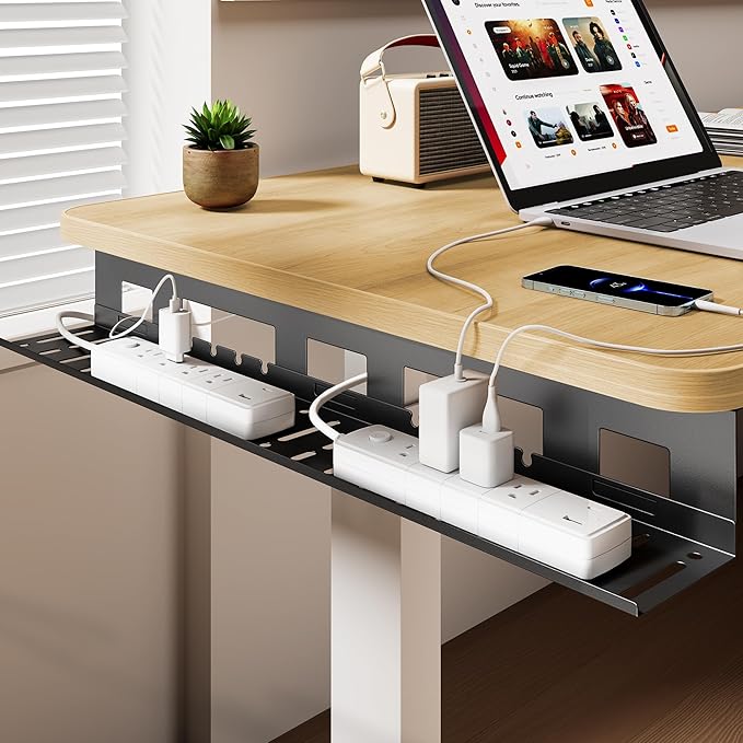 Under Desk Cable Management Tray, 31.5 Inches Metal Cord Organizer Rack, Desk Tray for Power Strip, Cord, Wire, Easy Mounting Cable Management Under Table for Home Office, Black