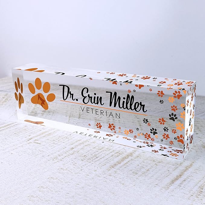Artblox Office Desk Name Plate Personalized | Custom Name Plates for Desks | Vet Dog Design On Clear Acrylic Glass | Cute Office Desk Accessories Customized Gifts - (8" x 2.5")