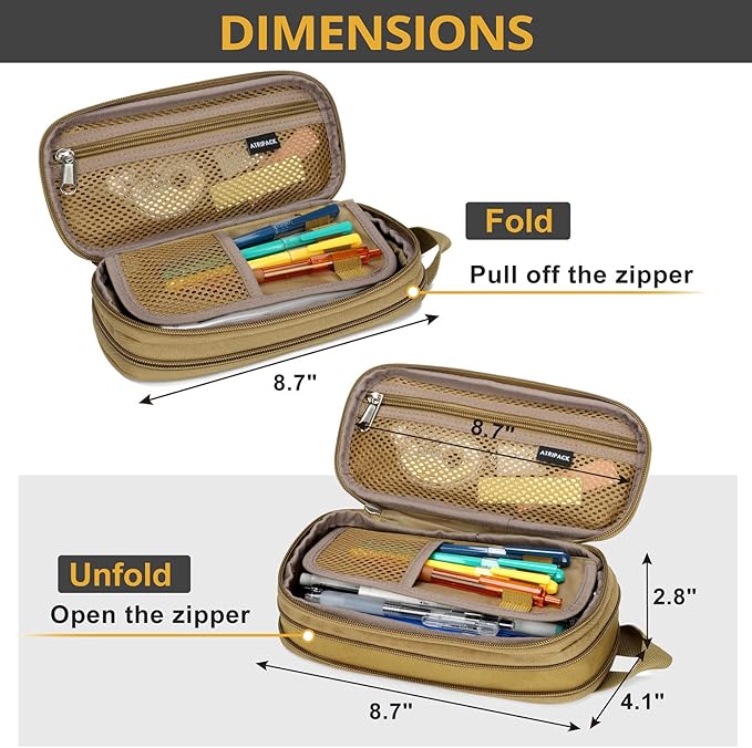 ATRIPACK Pencil Case Big Capacity High Large Storage Tactical Small Tool Pouch Bag Marker Pen Case Stationery Bag Travel Holder School College Office Organizer for Kids Men Women Adult Teens (Brown)