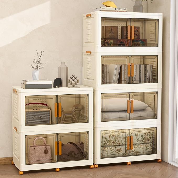 Plastic Stackable Storage Bins with Lids and Wheels, 720QT-180QT*4Tier Foldable Closet Organizers and Containers, Collapsible Clear Drawer Storage Cabinet with Doors Ivory White