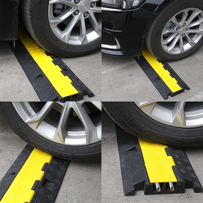 Cable Ramp Cable Protector Ramps Wire Hose Protective 2 Channel Traffic Rubber Plastic Cord Cover Speed Bump for Asphalt Concrete Gravel Driveway Outdoor, 4 Pack