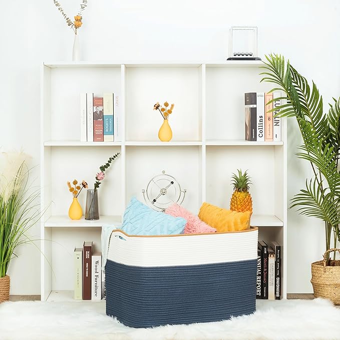 MINTWOOD Design 112L Extra Large Blanket Basket Holder Living Room, 25"x17"x16" Rectangle Rope Woven Storage Basket with Handles for Laundry, Towels, Shoes, Dog Toy Organizer Bin Box, Prussian Blue