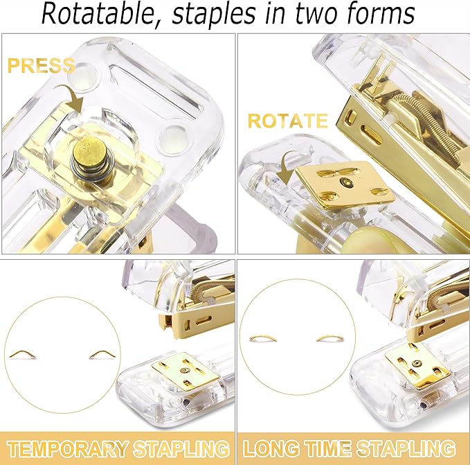 Famassi Gold Desk Accessories，Office Supplies Set Acrylic Stapler Set Staple Remover, Tape/Pen Holder, 2 Ballpoint Pen, Scissor, Binder/Paper Clips and 1000pcs Staples.