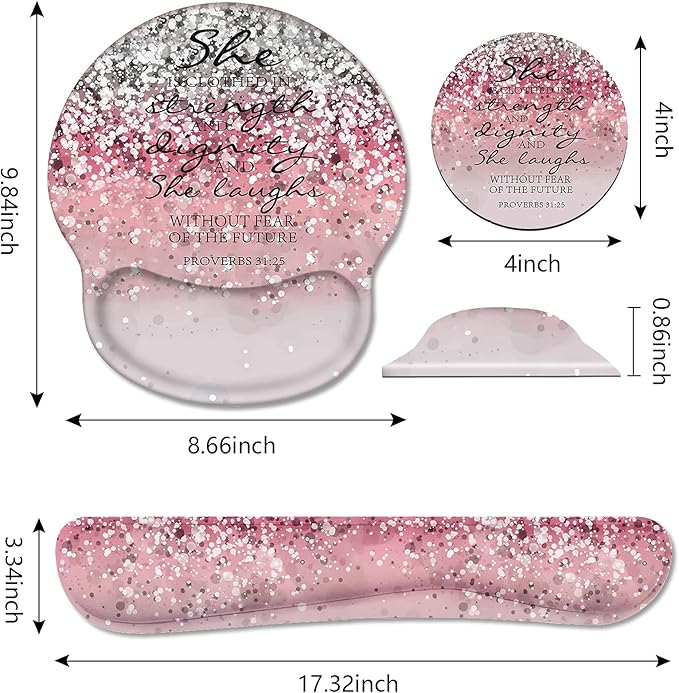 Keyboard Wrist Rest and Mouse Pad Wrist Support Set with Coasters, Non-Slip PU Base Ergonomic Gaming Mousepad for Home Office Working Studying Easy Typing & Pain Relief, Bible Verses Proverbs 31:25