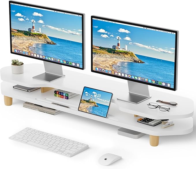 2 Tier White Dual Monitor Stand Riser,Wider Board Computer Monitor Stand for 2 Monitors,Slot For Phone/Tablet Office Desktop Organizer for Laptop,PC,Computer,Printer,White