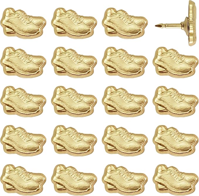 Sneaker Push Pins - Gold Running Shoe Pins - for Cork Board, Maps, or Lapel Pin Use - Designed in USA - Set of 20