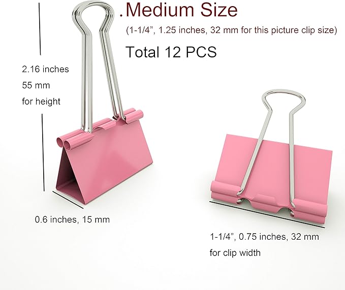 Nctinystore Binder Clips Medium Metal Clamp 1.25 inch / 32 mm (Pink, 12-PCS)