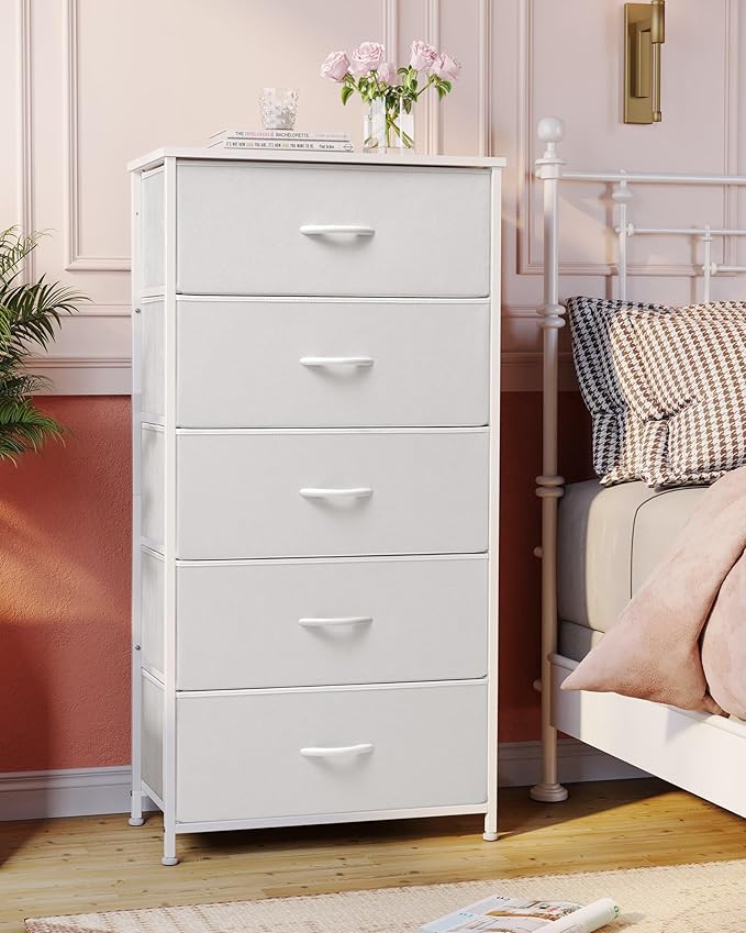 Crestlive Products Tall Dresser for Bedroom Vertical Storage Tower - Wide Fabric Dresser & Chests of Drawers for Closet, Hallway, Entryway w/Wood Top, Easy Pull Fabric Bins - 5 Drawers(White)