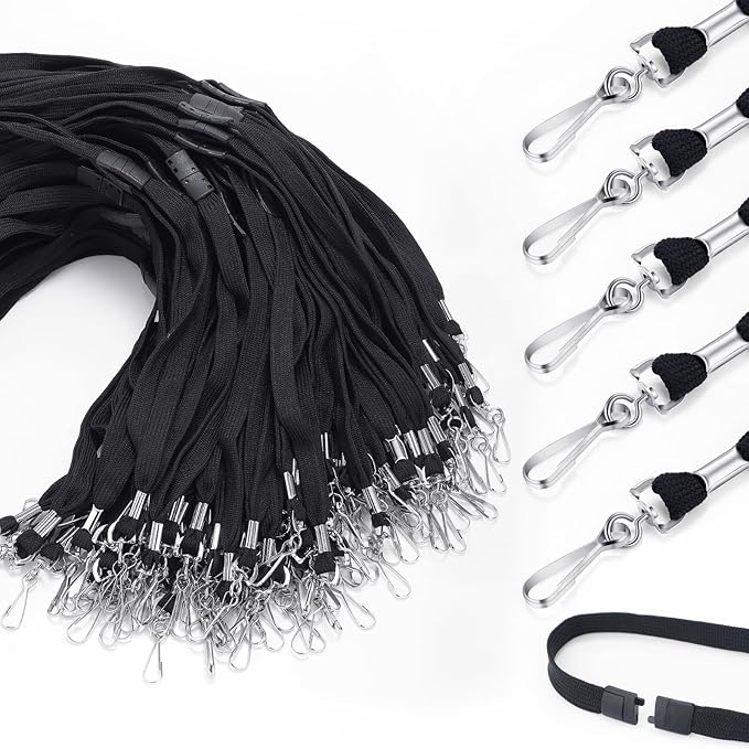Honoson Badge Lanyard with J-hook Bulk Safety Flat Lanyards 19.5 Inches Black Soft Woven Neck Lanyards for ID Badges Name Tag