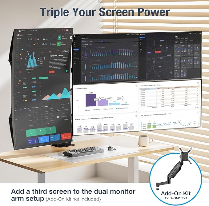 AVLT Dual 57 Inch Heavy Duty Stacking Monitor Arm Pole Top Mount With USB-C USB-A Ports-Black, Height Adjustable, Easy Install Top C-Clamp/Grommet With Reinforcement Plates, VESA Compatible 200/100/75
