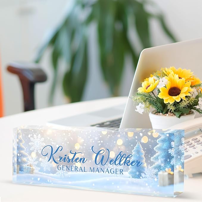 Custom Desk Name Plate Personalized, Acrylic Name Plates for Desk, Office Decor Personalized Gifts for Teacher Coworkers Boss Nurse Blue Christmas Tree