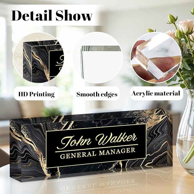 Personalized Name Plate for Desk, Custom Acrylic Desk Name Sign, Office Appreciation Gifts for Women Men Coworkers Boss Teacher Employee (Black Marble)