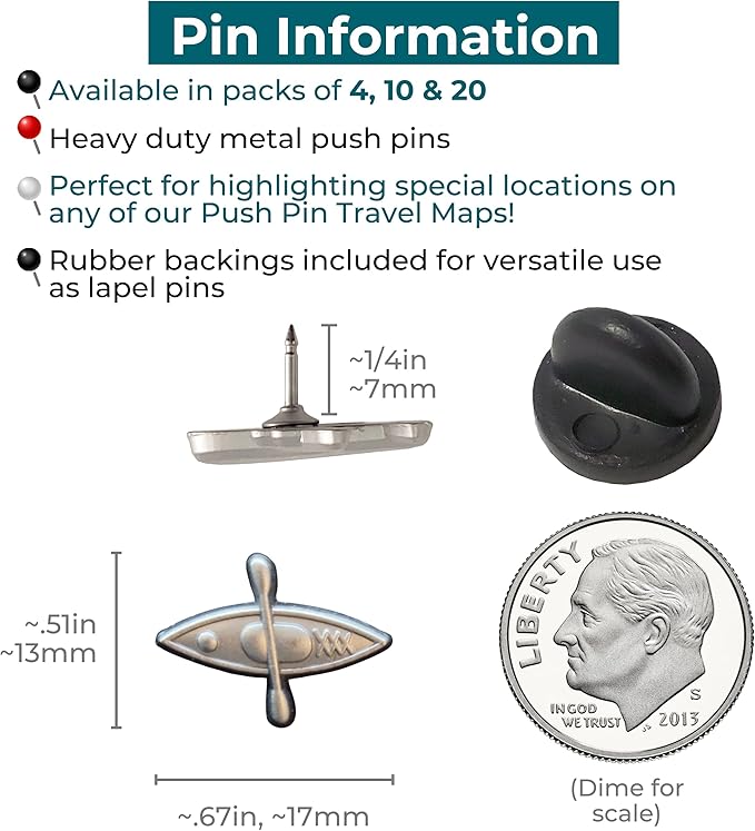 Kayak Push Pins - Silver Kayak Map Pins for Cork Boards, Maps, or Lapel Use - Designed in USA - Set of 4