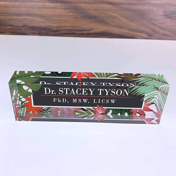 Artblox Personalized Name Plate for Desk | Leaf Flowers Design On Clear Acrylic Glass | Custom Desk Name Plate Personalized with Your Name and Credentials for Teacher Phd Military Office Name Plate