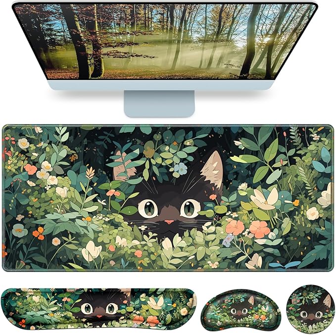 Mouse Pad Anime, Mouse Pad with Wrist Rest, 4-in-1 XXL Large Desk Mat Kawaii Mousepad with Gel Wrist Support Keyboard Wrists Rest Coaster, Ergonomic Gaming Cat Desk Pad, Funny Cute Office Accessories
