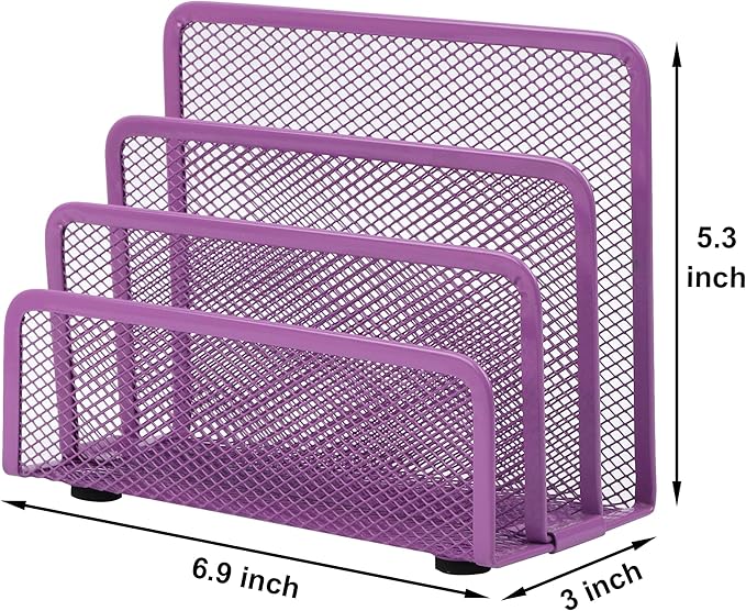 EASEPRES Desk Mail Organizer, Office Small Desktop Metal Mesh Envelope Letter Sorter Paper File Holder Organizer with 3 Vertical Upright Compartments, Purple 2 Pack