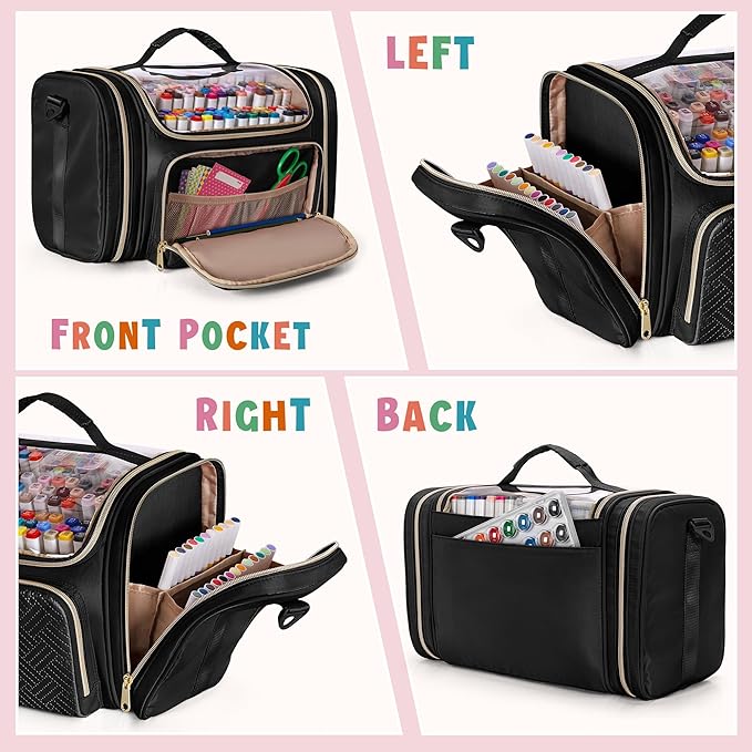 Marker Organizer Case Bag for 180-300 Markers, Large Marker Storage Bag with Detachable Divider for Adults, Marker Travel Holder Case Bag for Various Markers or Other Art Craft Supply, Black