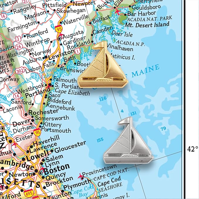 Sailboat Push Pins - Gold Sailing Pins - for Cork Board, Maps, or Lapel Pin Use - Designed in USA - Set of 20