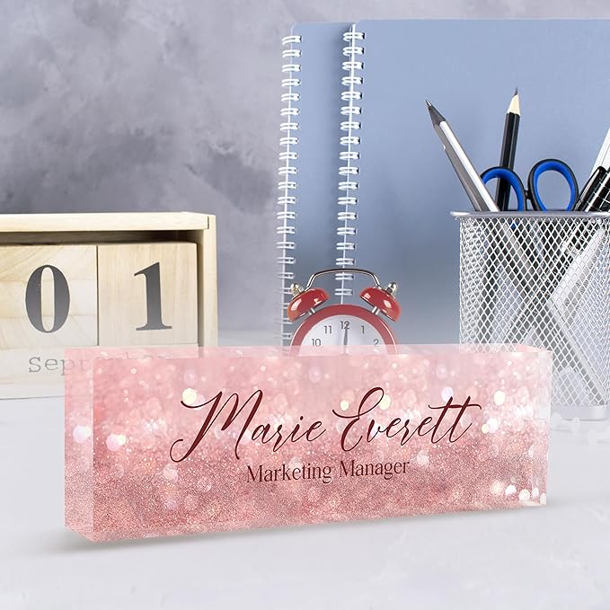 Custom Name Plate for Desk | Personalized Desk Name Plate | Personalized Boss Employee Teacher Appreciation Gifts | Acrylic Name Plate Office Desk Accessories (A-Pink Quartz)