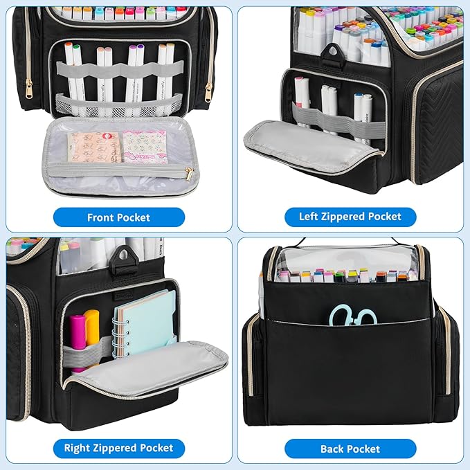 Large Marker Organizer Case for 200-300 Markers,Travel Marker Storage Bag with Dividers and 4 Pockets,Marker Organizer Holder for Paint Brushes,Colored Pencils and Other Art Supplies,Bag Only,Black