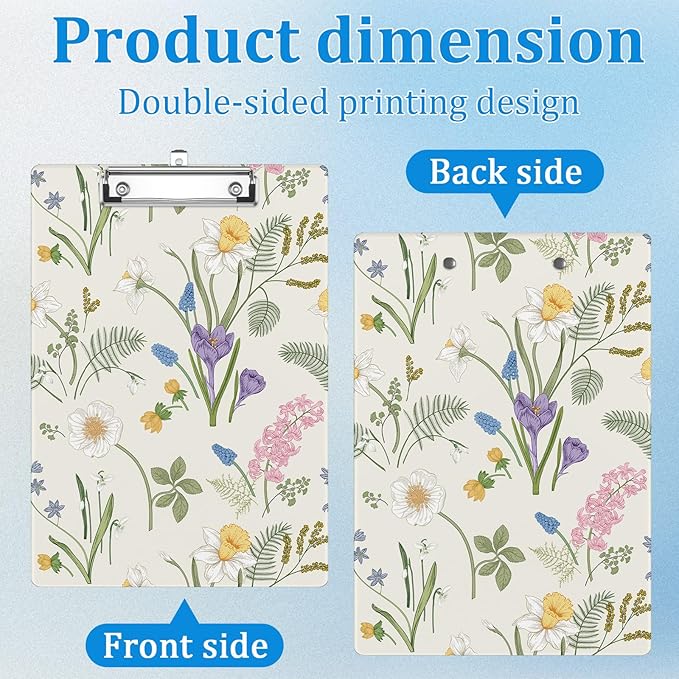 Spring Flower Clipboard Decorative Clip Board with Metal Clip A4 Standard Size 12.5" X 8.7" for Teacher Students Nurses Office