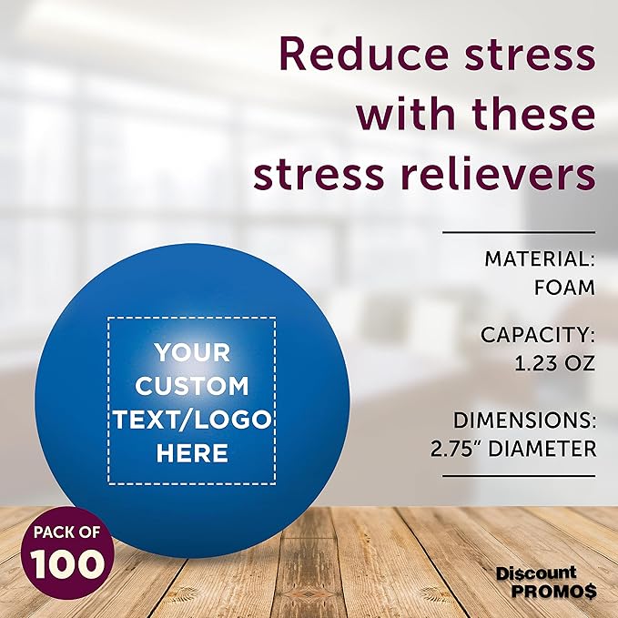 Custom Stress Balls for Adults Set of 100, Personalized Bulk Pack - Relief, Perfect for Your Desk, Office or Home - Blue