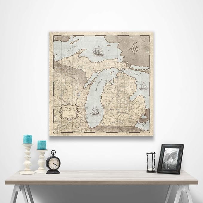 Push Pin Michigan Map Board - With Push Pins to Mark Michigan Travel - Handmade in Ohio, USA - Design: Rustic Vintage