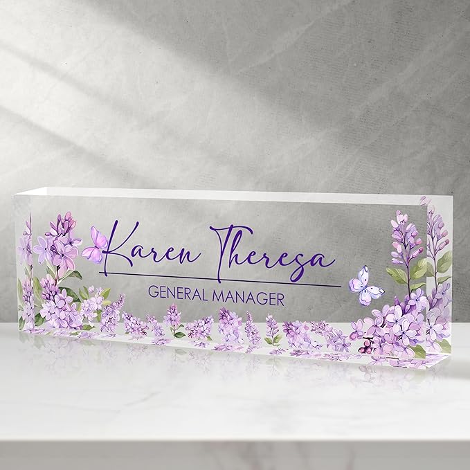 Custom Office Name Plate for Desk, Desk Name Plate Personalized, Personalized Gifts for Women, Appreciation Gifts for Employee Coworkers Boss Teacher, Office Accessories (Purple lilac flower)