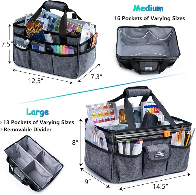 APOFFICE Art Supply Organizer Tote Bag – Craft Caddy with Handle, Utility Storage Tote with Multiple Pockets & Adjustable Divider for Stationary, Sewing, Scrapbooking, School, Office, Medical Supplies