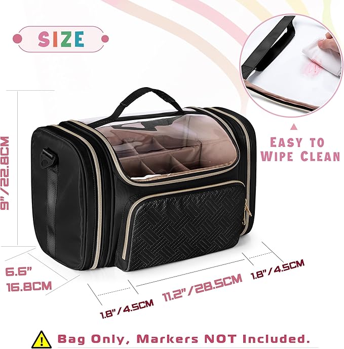 Marker Organizer Case Bag for 180-300 Markers, Large Marker Storage Bag with Detachable Divider for Adults, Marker Travel Holder Case Bag for Various Markers or Other Art Craft Supply, Black