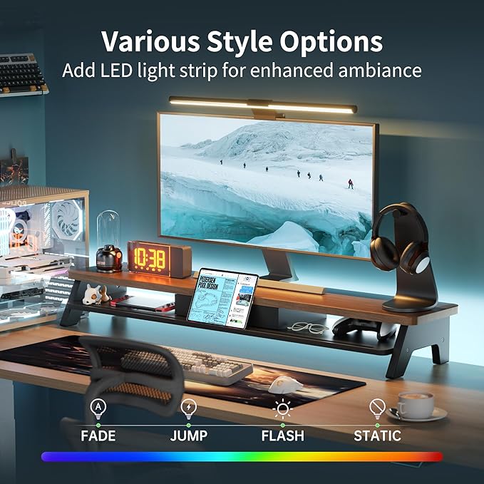 Dual Monitor Stand Riser,LED 2-Tier 39.3 Inch Computer Monitor Stand for 2 Monitors,Office Desktop Organizer with Storage Drawer and Phone Holder for Laptop,PC,Computer,Printer,Walnut