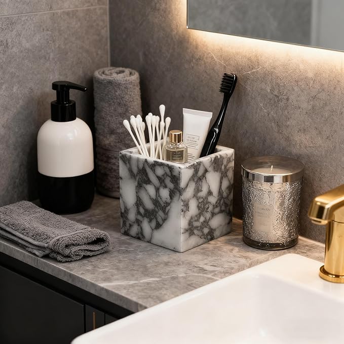 Marble Pen Holder, White Stone Rectangular Desktop Organizer, Office Study Makeup Brush Storage, Home Desk Decor, Minimalist Design, Durable Marble Accessory