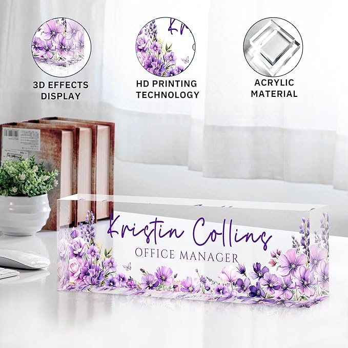 Custom Name Plate for Desk, Personalized Desk Name Plate on Clear Acrylic Glass, Appreciation Gifts for Teacher Employee Boss Coworkers Nurse, Office Desk Accessories for Women Men (Eggplant)
