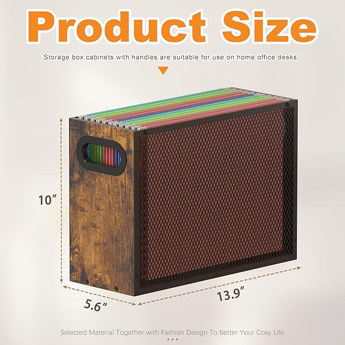 Piskyet Wooden Hanging File Organizer for desk, Metal Mesh File Folder Organizer Crate Cabinet Storage Box with Handle for Home Office Desk,Letter - Size,Rustic Brown