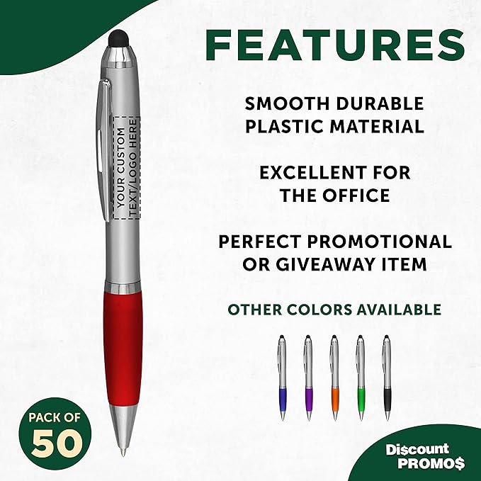 DISCOUNT PROMOS Custom Stylus Ballpoint Pens Set of 50, Personalized Bulk Pack - Black Ink, Great for Office, School, Business, Tradeshows, Events - Red