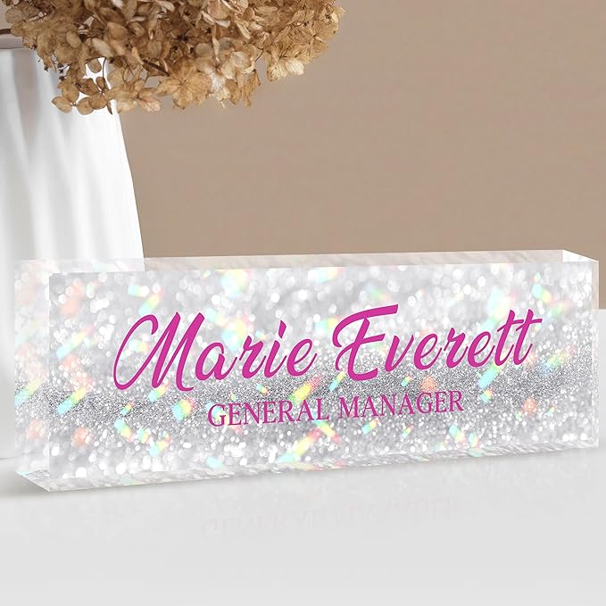 Custom Name Plate for Desk | Personalized Desk Name Plate | Personalized Boss Employee Appreciation Gifts | Acrylic Name Plate Office Desk Accessories (A-Silver Colored Crystal)