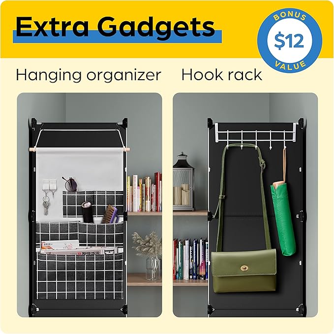 Shoe Organizer Cabinet Up to 48 Pairs, Shoe Closet-Covered Shoe Rack with See-Through Door (Clear, Plastic, Stackable) Cubby Portable Shoe Organizer with Covers, Hooks & Pockets, Black