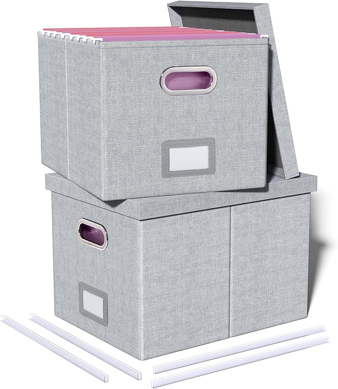 2 Pack File Storage Organizer, Filing Box, Portable File Box with Lid, Fit for Letter/Legal File Folder Storage, Document Organizer, Gray-White