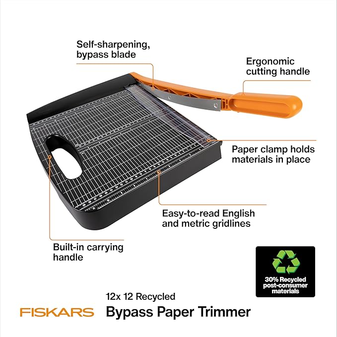 Fiskars Recycled Bypass Paper Trimmer - 12" Cut Length - Guillotine Paper Cutter with Self-Sharpening Blade - Black