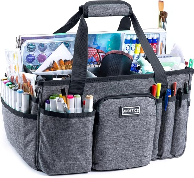 APOFFICE Art Supply Organizer Tote Bag – Craft Caddy with Handle, Utility Storage Tote with Multiple Pockets & Adjustable Divider for Stationary, Sewing, Scrapbooking, School, Office, Medical Supplies