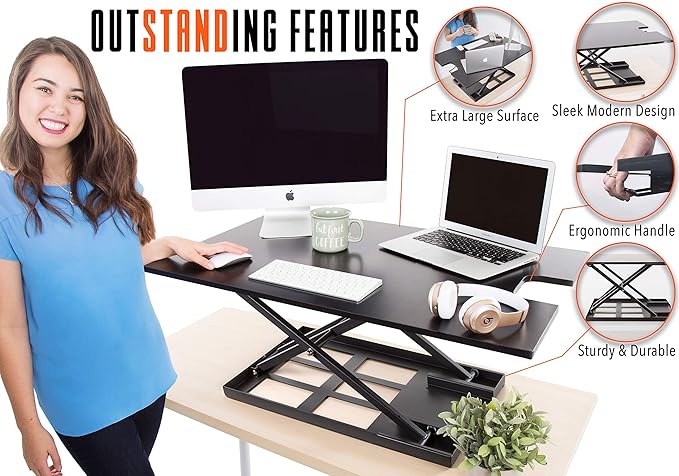 Stand Steady X-Elite Pro XL, Ergonomic Adjustable Height Standing Desk Converter, Extra Large Sit to Stand Laptop Desk Riser, Easily Fits 2 Computer Monitors, Raises Desk Height 7 to 16-inches (Black)
