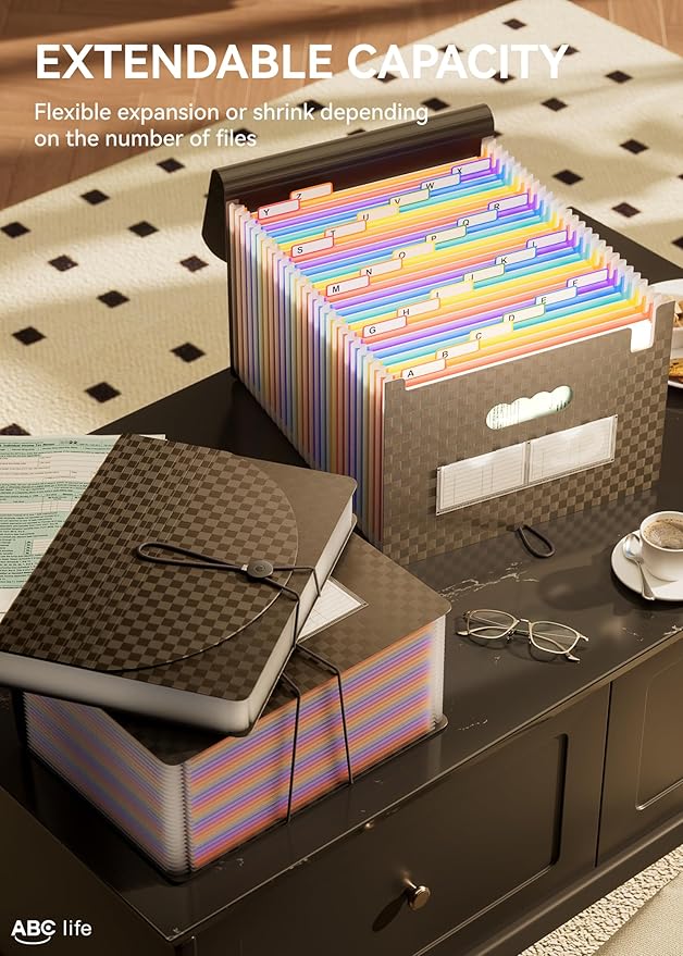 ABC life 26 Pockets Accordion File Organizer, Expanding File Folders, Portable Monthly Bill Receipt Organizer with Colorful A-Z Tabs, Desktop Folders Letter A4 Paper Document Storage for Home Office