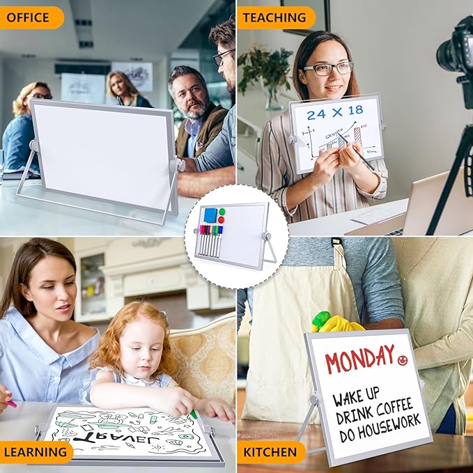 Small Dry Erase White Board, Magnetic Desktop Whiteboard with Stand, Dry Eease Board Mini Easel Double Sided on Table Top with Holder for Kids Drawing, Teacher Instruction