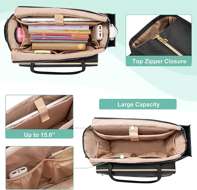 LUXJA Teacher Tote Bag with Accordion File Pocket, Teacher Bag for Women with 15.6 Inch Laptop Compartment, Black