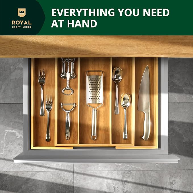 ROYAL CRAFT WOOD Luxury Bamboo Kitchen Drawer Organizer - Silverware Organizer - Utensil Holder and Cutlery Tray with Grooved Drawer Dividers for Flatware and Kitchen Utensils (5 Slot, Natural)