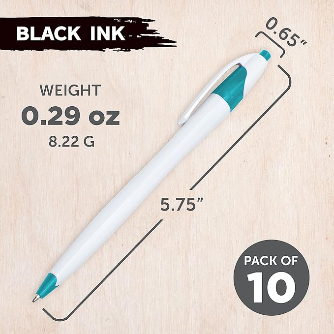 DISCOUNT PROMOS Slim Curvy Ballpoint Pens Set of 10, Bulk Pack - Black Ink, Retractable, Great for Office, School, Tradeshows - Teal