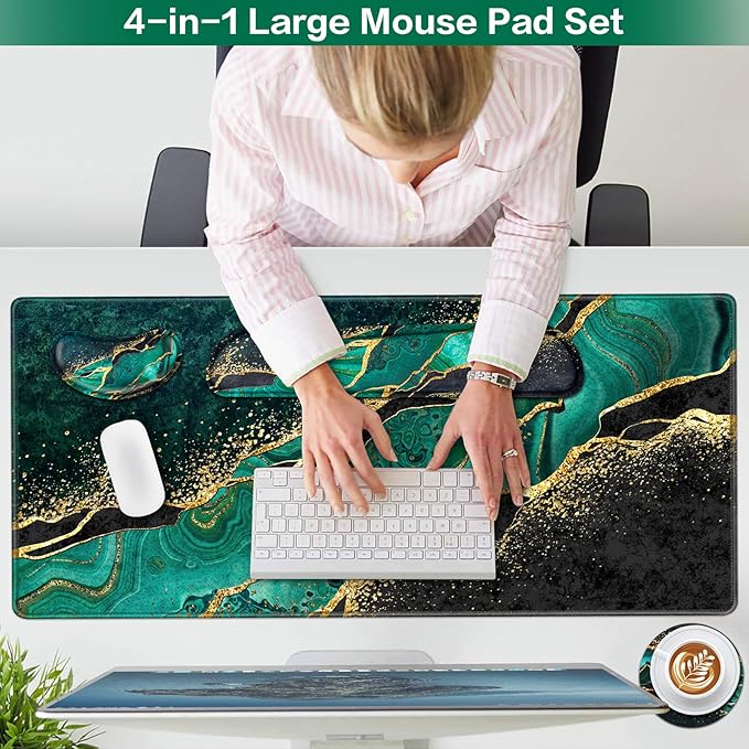 Mouse Pad Green, Desk Mat, Large Gaming Mouse Pad with Wrist Rest, 4in1 XXL Mousepad+Keyboard Wrist Rest+Mouse Pad Wrist Support+Cup Coaster Set Ergonomic Computer Desk Pad for Decor Office Women