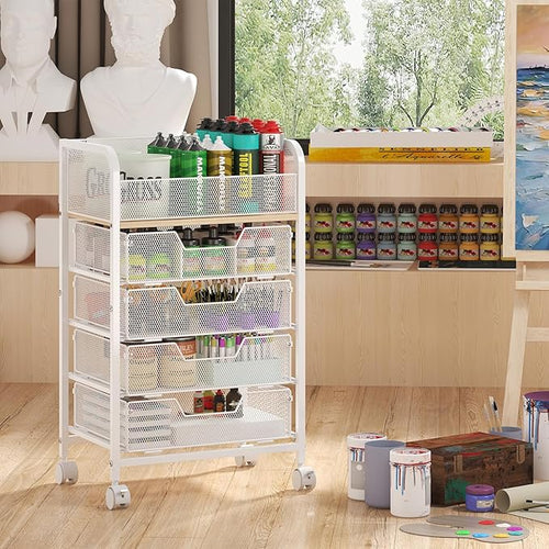 5-Tier Craft Organizer Cart with Wheels,Craft Organizers and Storage with Drawers,Lockable Wheels Rolling Utility Cart with DIY Divider,Office Supply Organizer,Ideal for Studio,Office,Bedroom,White