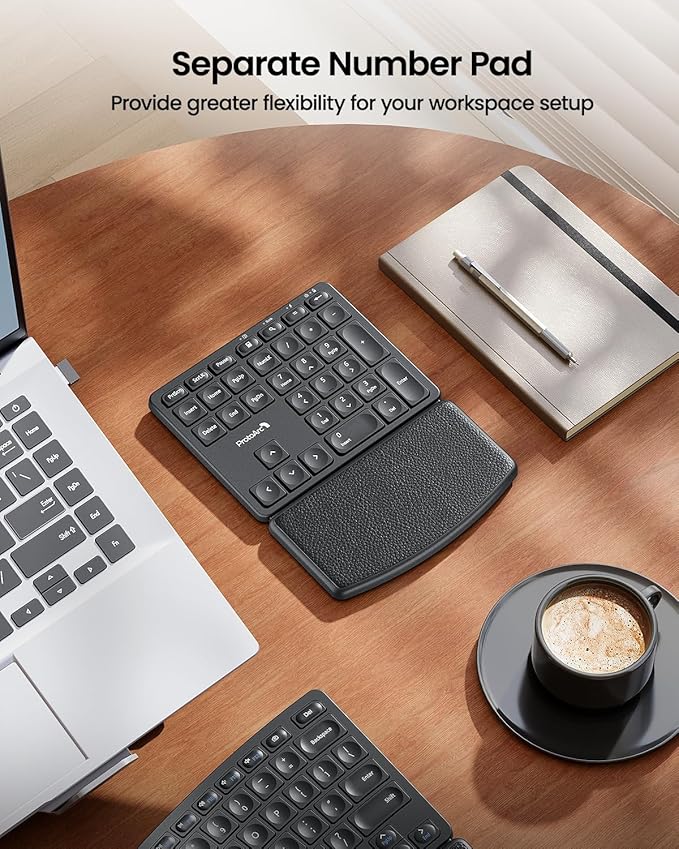 ProtoArc Wireless Ergonomic Keyboard, EK04 2.4GHz USB Wireless Ergo Keyboard with Separate Numeric Keypad, Split Design, Hard Wrist Rest, Rechargeable, for Windows PC/Laptop/Desktop